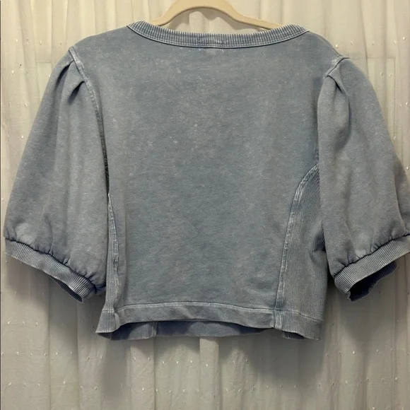 Aerie Seams Right Top Women’s XL Blue Ribbed Puffed Short Sleeve Cropped - Picture 7 of 11